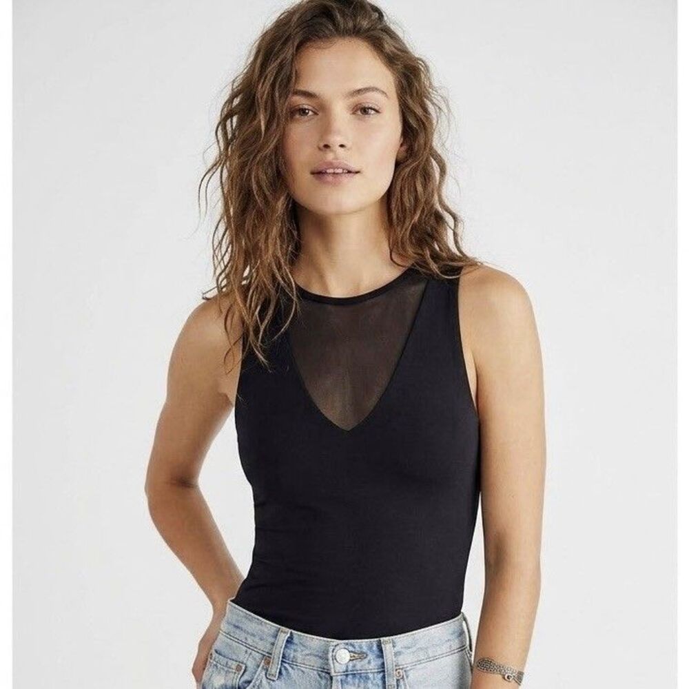 Klassy Network Sheer Mesh Insert Tank Top Brami Sz Medium Stretch Black No Pads